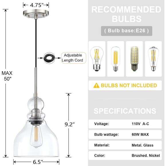 2 Pack Kitchen Island Pendant Ceiling Light 6.5" Clear Glass Brushed Nickel - Picture 3 of 3